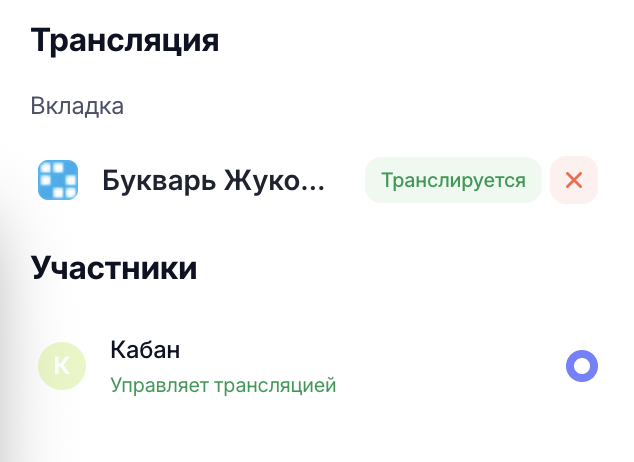 Тот же попап с включённым переключателем — под именем ученика «Управляет трансляцией»