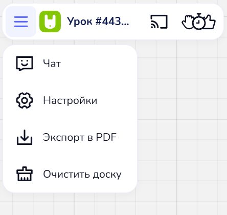 Меню ☰ на доске во время урока: первый пункт — «Чат»